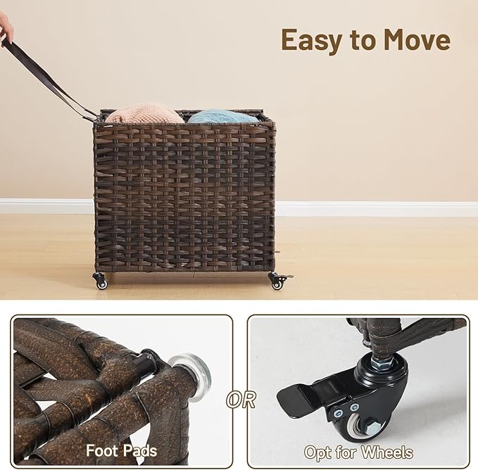 Laundry Hamper with Wheels, 34.3 Gallon(130L) Rolling Laundry Basket with Lid, Removable Large 2 Color Liners & 3 Mesh Laundry Bags, Clothes Hamper with Side Pocket, Brown