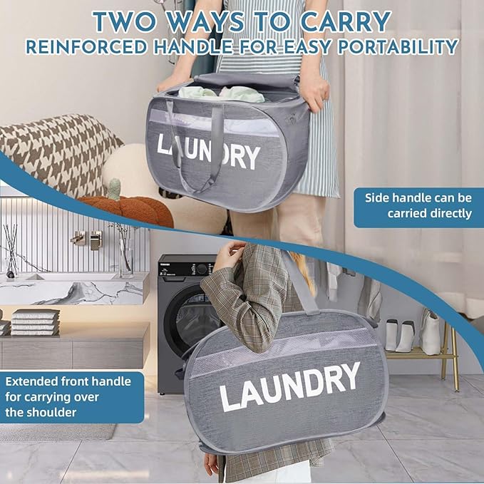 Collapsible Laundry Basket 2 pack, Foldable Pop Up Grey Laundry Baskets Mesh with Lid & Handle, Pop Up Collapsible Laundrys Hamper, Fabric Laundrys Baskets for Dorm, Travel, Bathroom