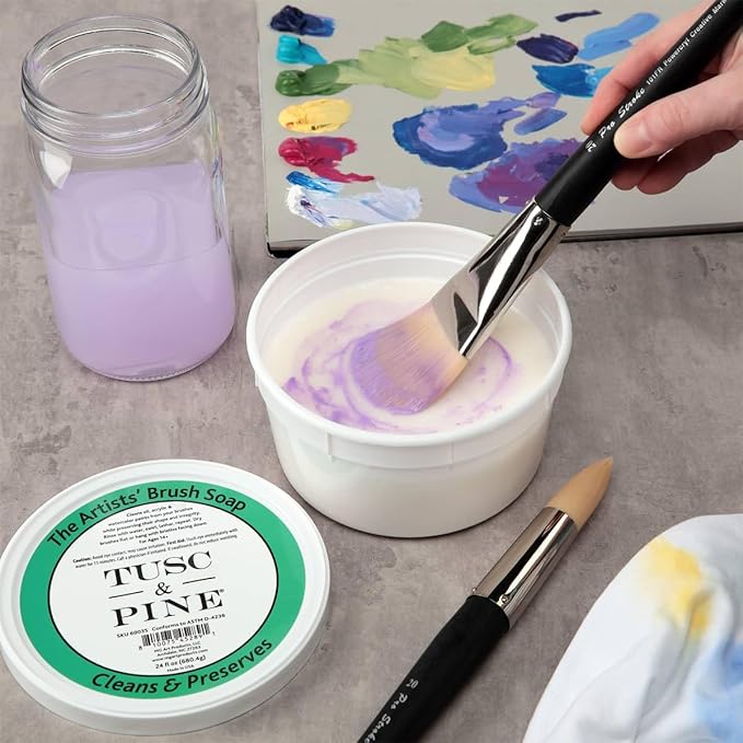 Tusc & Pine The Artists' Brush Soap - 12oz Plant-Based Brush Cleaner, Oil, Acrylic, Watercolor Paint - Nourishes Bristles; Made in North Carolina; Alkali Soap, Gentle Pine Fragrance