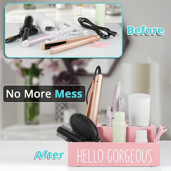 Bivvclaz Hair Tool Organizer, Wooden Hair Dryer Holder Countertop, Wall Mount Hot Tools Organizer for Hair Styling Accessories, Bathroom Supplies Vanity Caddy for Curling Wand, Blow Dryer, Pink