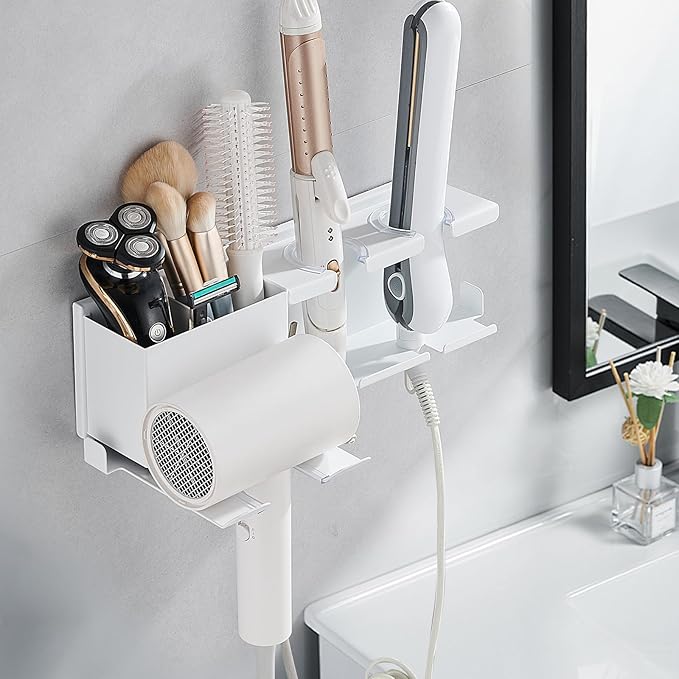 Hair Tool Organizer Wall Mounted,Hair Dryer Holder,blow dryer,curling iron,Straightener holder,Metal 3 in 1 Bathroom Bedroom Hair Accessories Tools Organizer Rack.White