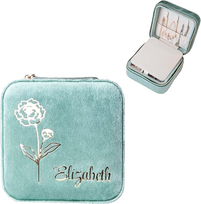 Customizable Compact Velvet Jewelry Box with Mirror, Travel Jewelry Case, Travel Jewelry Organizer, Jewelry Box for Women and Girls, Small Jewelry Organizer (Flower Design, Mint Green)