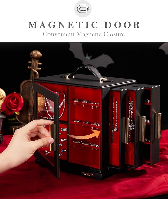 Homde Valentine's Day Gifts Jewelry Box 360° Rotating, Necklace Earring Organizer with Transparent Window, Mirror, 7 Drawers, Large Ring Display Storage Case for Girls Women (Black + Red)
