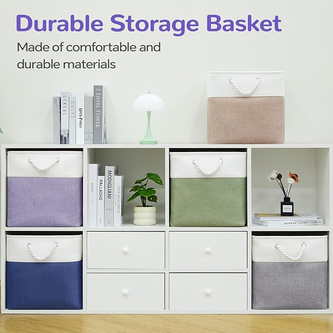 12 x 12 Inch Cube Storage Bins, 4 Pack Fabric Storage Basket with Handles, Foldable Boxes Organizer for Shelf Baskets for Home, Clothes (White/Purple)