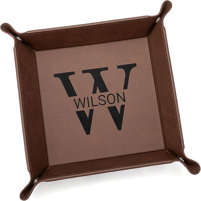 Lifetime Creations Personalized Valet Tray with Last Name and Initial (Brown) - Vegan Leather Catchall, Monogrammed, Organizer, Groomsmen Gift