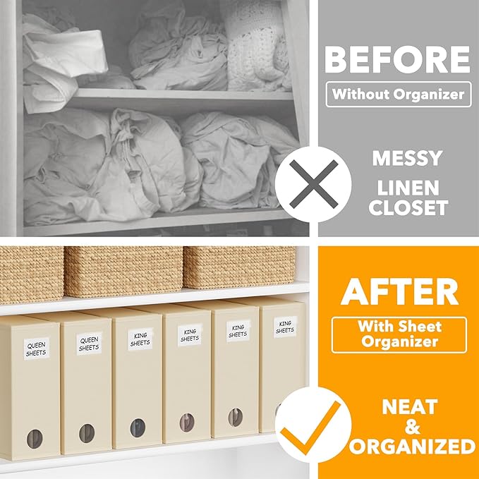 SpaceAid 6 Pack Bed Sheet Organizers and Storage, Foldable Sheet Organizer for Linen Closet, Sheets Set Folder Keeper with Window XL (Queen & King Size) Bedding Container (Beige, 6 Pack)