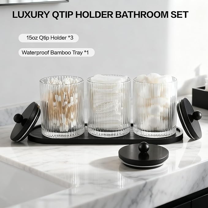 3 Pack Qtip Holder Bathroom Set,Cotton Pad Ball Swab Holder Cotton Round Floss Pick Dispenser with Tray,Glass Apothecary Jars with Black Lids,Bathroom Organizers and Storage Canisters
