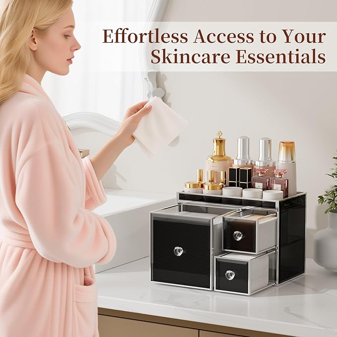 Multifunctional Face Towel Holder with 3 Drawers – Tempered Glass Cotton Pad & Swab Organizer – Disposable Face Towel Holder for Bathroom Vanity