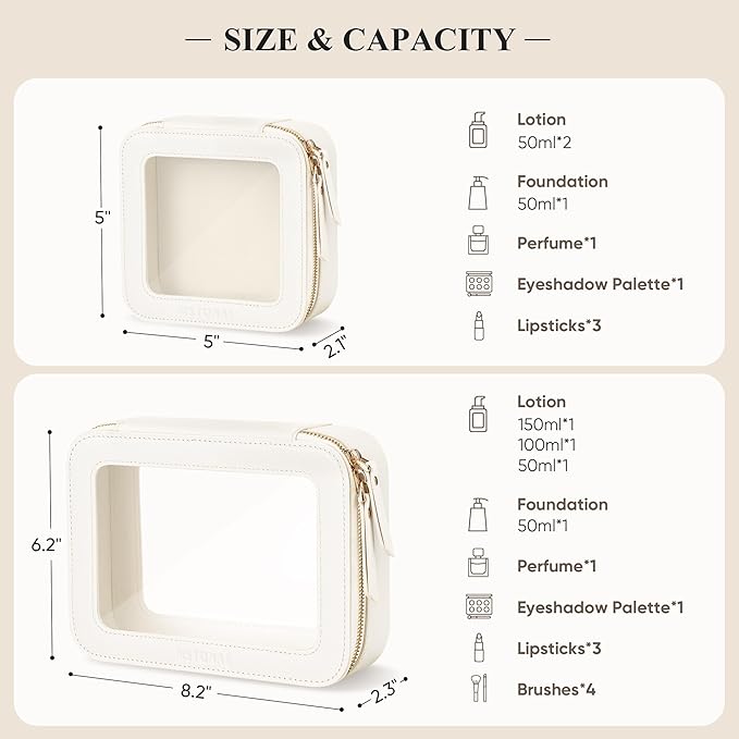 Clear Makeup Bag, Travel Toiletry Bag Cosmetic Case for Women, Waterproof Portable Make Up Skincare Pouch with Zipper, Compact Car Organizer Bag for Essentials, Mini & Medium, Ivory White