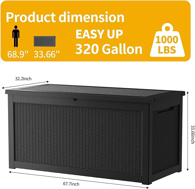 Extra-Large 320 Gallon Outdoor Storage Bin - Waterproof Resin Deck Box, Patio & Garden, Lockable Outdoor Deck Box for Cushions & Tools, UV-Resistant, Jet Black