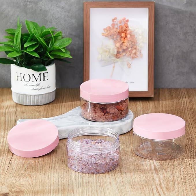 Dandat 24 Pcs 4 oz Plastic Jar Container with Lid and Label Refillable Empty Round Clear with Pink Pet Cosmetic Sample Slime Containers for Lotion, Cream, Ointments, Body Butter, Makeup Travel Storage