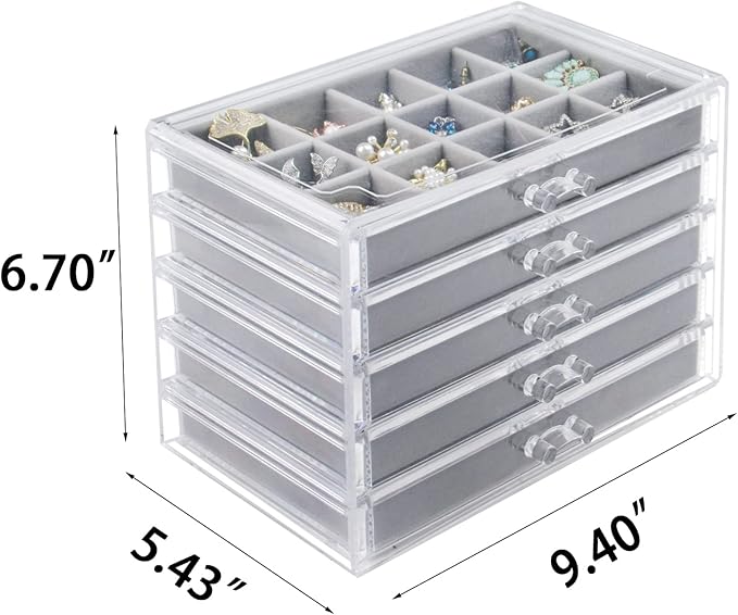 Acrylic Jewelry Box with 5 Drawers, Clear Earring Storage Organizer Display Case for Women Girls, Gray