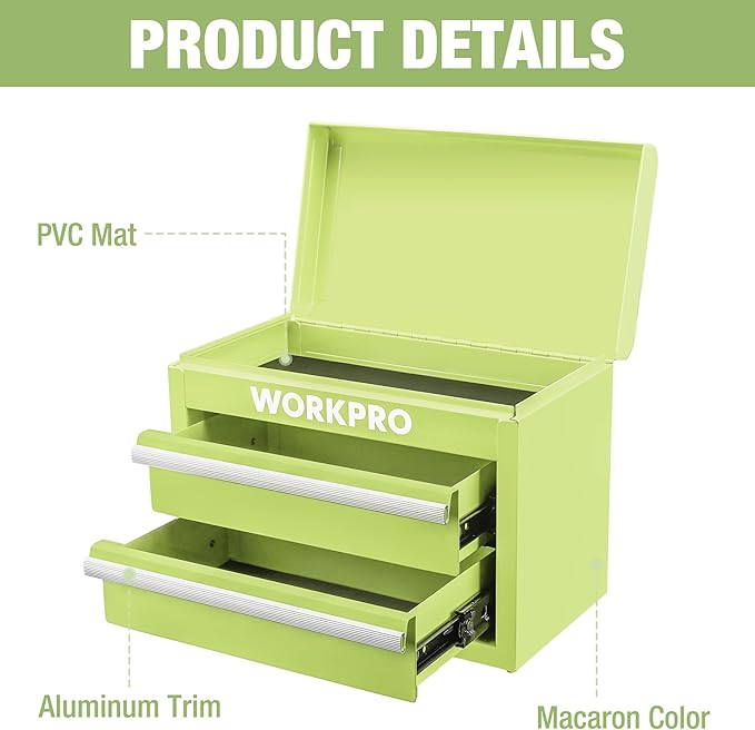 WORKPRO Metal Mini Tool Box, Top Tool Chest containing Two Drawers with Ball Bearing Slides, PVC Drawer Liners and PP Feet Pads, Durable Cold Rolled Steel Small Toolbox for Multi-Purpose Storage