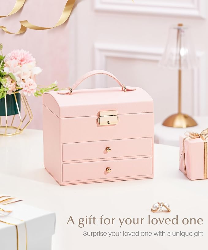 Homde Women Jewelry Box with Lock: 3 Layers Modern Organizer - Pink Storage for Ring Necklace Earring - Birthday Christmas Gifts for Girls