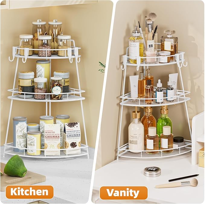VITVITI 3 Tier Corner Bathroom Counter Organizer, Metal Bathroom Countertop Organizer Shelf Storage, Bath Room Sink Makeup Organizers for Vanity Skincare with Hooks, White