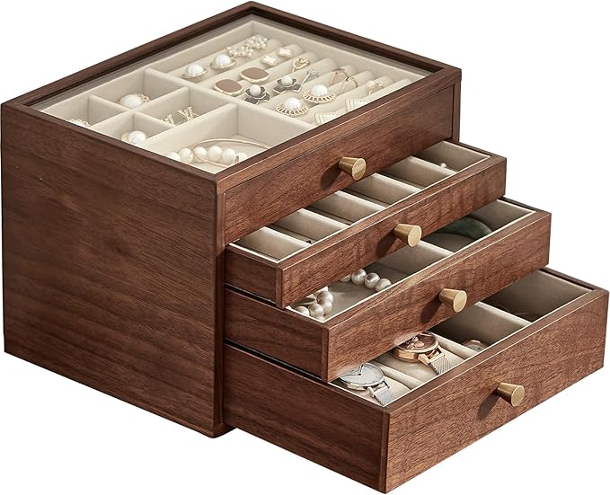Black Walnut Wooden Jewelry Box for Women large 4 Layer Drawer Organizer Box with Glass Lid for Necklaces, Watch, Necklace, Ring, Earring Storage - Valentine's Day Gifts