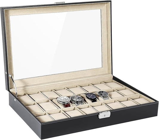 Uten Watch Box, 24 Slots Watch Case, Watch Box Organizer Jewelry Storage with Large Glass Lid, Watch Display Case, Watch Box for Men & Women