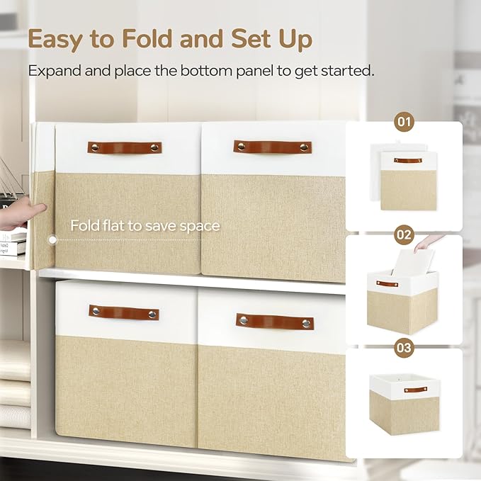 13x13 Storage Cubes 4-Pack, Large Foldable Fabric Cube Storage Bin with Reinforced Bottom and Labels, Organizer Baskets for Shelves, Closets(White/Khaki)