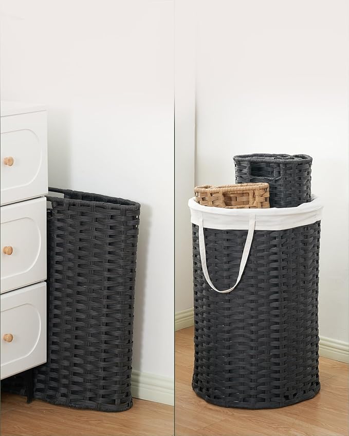 Laundry Hamper Laundry Basket Round 19.0 Gal (72 L) Handwoven Rattan Hamper, Large Wicker Laundry Hamper with Removable Laundry Bag Handles 2 Mesh Bags for Bathroom Living Room Black (No Lid)