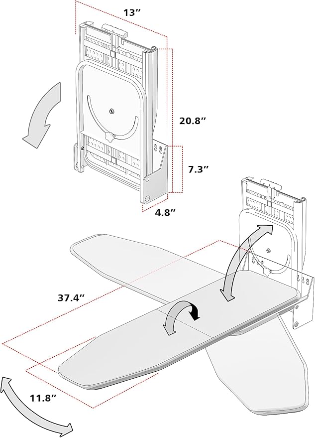 Nisorpa Wall Mounted Ironing Board 37.4" x 11.8" Fold Away 180° Swivel Iron Board with Heat Resistant Cover in Wall Ironing Board Space Saving for Home Laundry Room