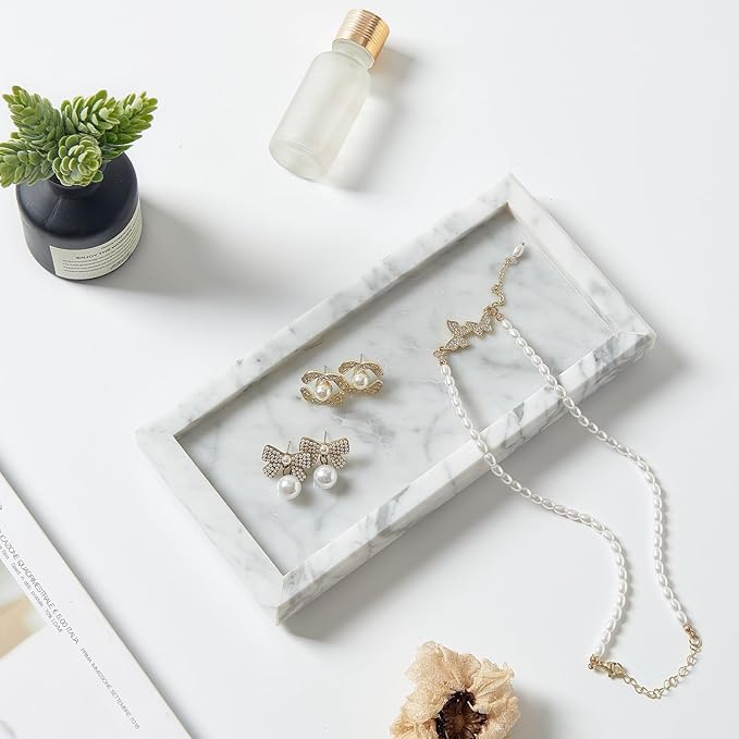 Natural Small Marble Vanity Tray, Luxury Stone Organizer for Bathroom & Kitchen | Holds Soap Dispenser, Jewelry, Perfume | Non-Resin, Non-Ceramic Décor