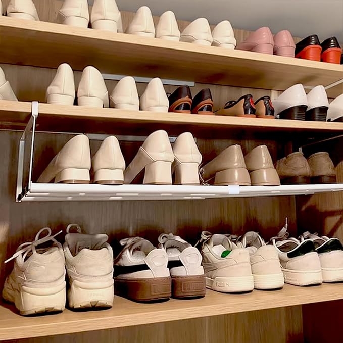 2 Pcs Expandable Shoe Rack Organizer, Hanging Shoe Shelf Under Cabinet Storage Shelf with 3/4 Inch Thick Clips, Retractable Space Saving Rack for Closet Pantry Laundry Room (White, 16.5-31.5 Inch)