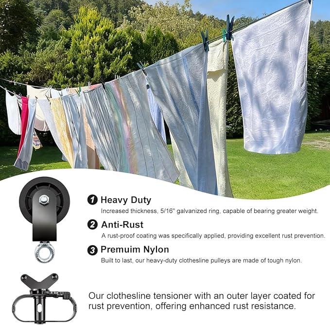 Clothesline Kit, Sunwuk Heavy Duty Clothesline Kit with 3/16" 100Ft PVC Coated Clothes Line Wires, Clothesline Nylon Pulley, Perfect for Drying Clothes Outside