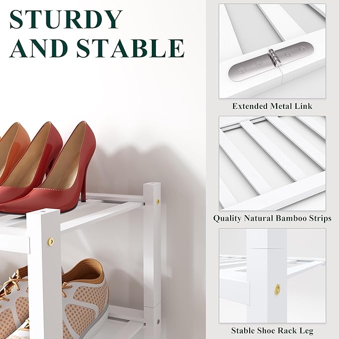 Smiry Bamboo Shoe Rack for Closet, 3 Tier Long Wooden Stackable Shoe Organizer, Free Standing Shoes Storage Shelf for Entryway, Front Door Entrance, White