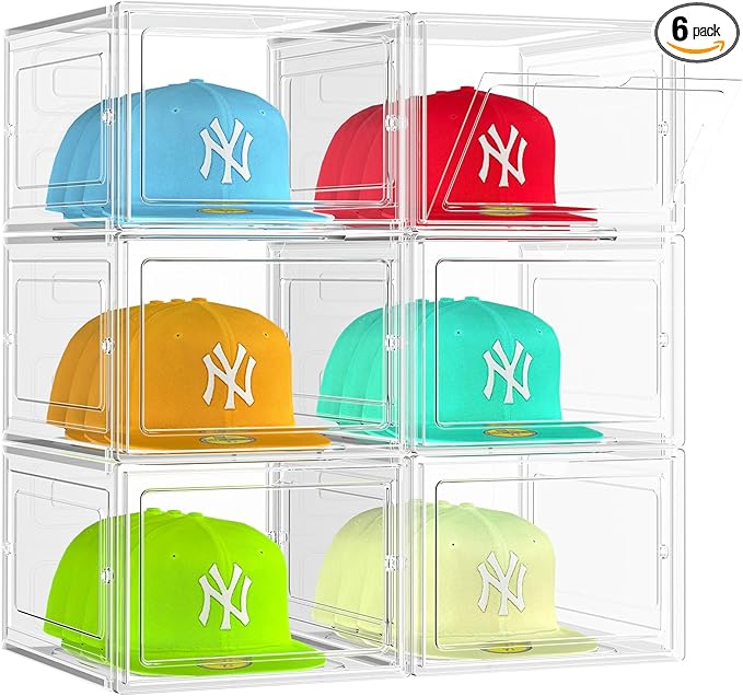 6 Pack Hat Organizer Box, Stackable Clear Baseball Caps Holder Box Containers with Magnetic Door for Hats Snapback Cap Storag, Hat Rack Display Case, Holds 8 Hats Each (Clear)