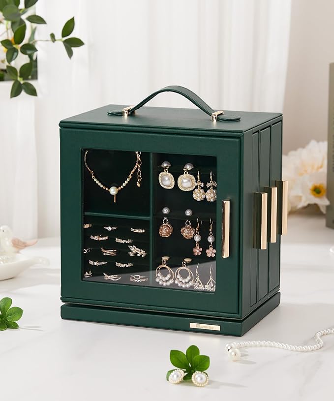Homde Valentine's Day gifts Jewelry Box 360° Rotating, Necklace Earring Organizer with Transparent Window, Mirror, 7 Drawers, Large Ring Display Storage Case for Girls Women (Forest Green)