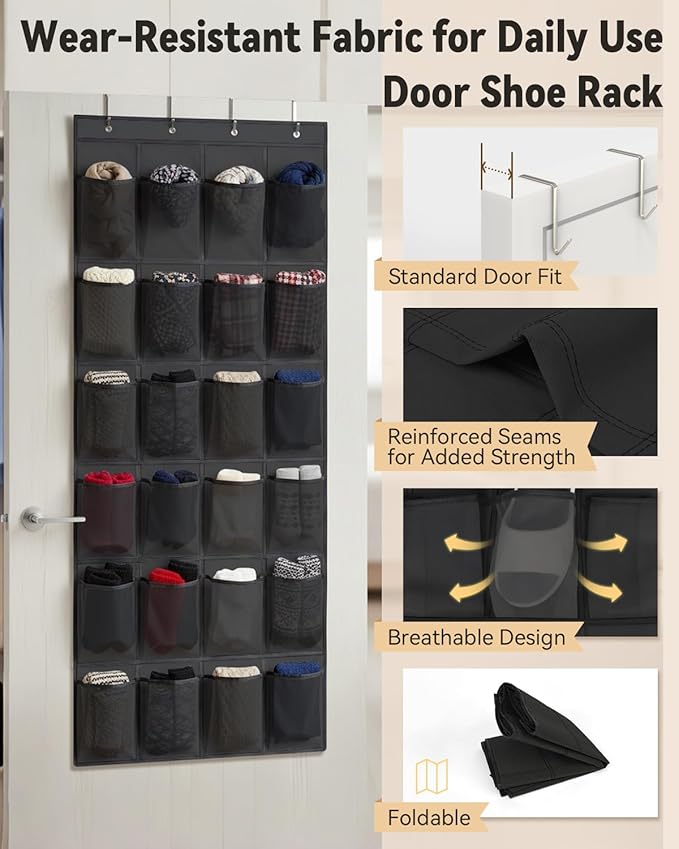 dodowin Over the Door Shoe Organizers, 2 Pack, Each with 24 Deep Mesh Pockets & 4 Metal Hooks, Over The Door Shoe Rack Space Saving Hanging Storage Holder for Closets, Shoes & Accessories, Black