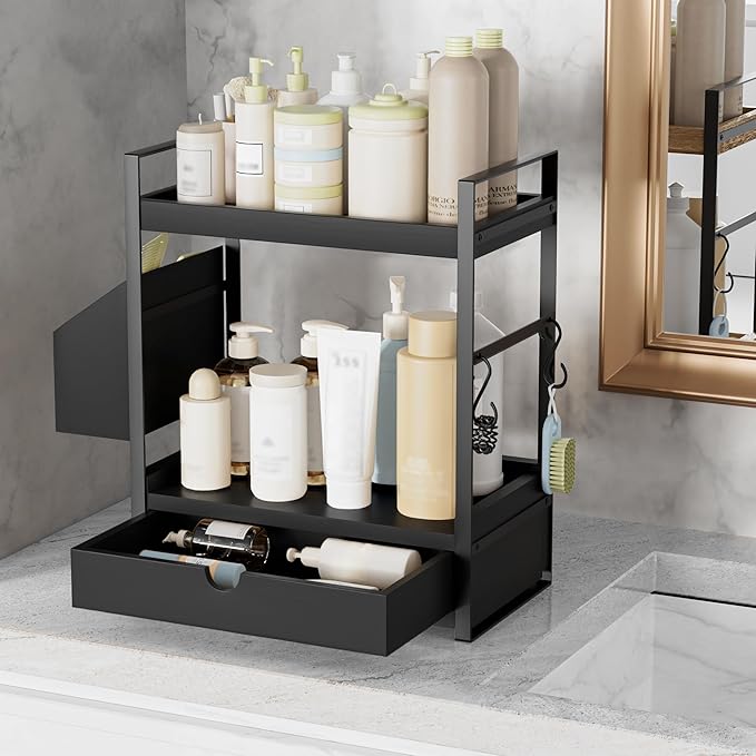2-Tier Bathroom Counter Organizer with Drawer and Basket, Wood Countertop Organizer for Storage, Skincare Organizers for Vanity, Counter Shelf for Bathroom Organization, Black