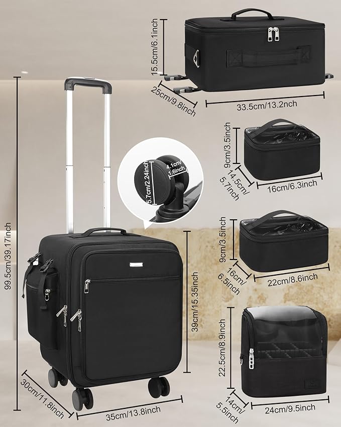 Relavel Rolling Makeup Case Professional Makeup Train Case, Makeup Brush Bag Makeup Artist Travel Bag with Wheels, 4-in-1 Portable Travel Beauty Trolley Case for Cosmetology Storage(Black)