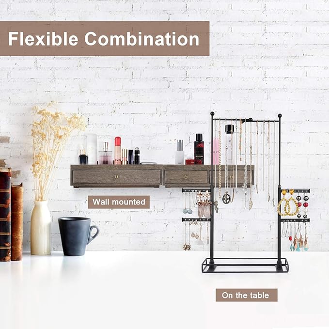 OLAKEE Jewelry Organizer - 2 Layer Wooden Jewelry Drawer Storage Box with 6 Tier Jewelry Tree Stand, Jewelry Display for Necklaces Bracelet Earring Ring Weathered Grey