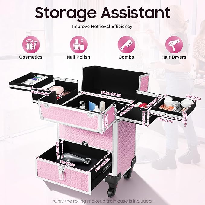 Professional Rolling Makeup Case Pro Makeup Artist Cosmetic Train Case Hairstylist Travel Case Portable Make Up Station with Lockable Drawer & 4 Swivel Wheels - Pink