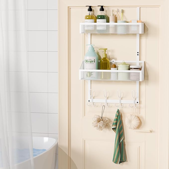 Hocookeeper Over The Door Organizer, Over The Door Hooks & Baskets - 12 Hooks & 2 Mesh Baskets Back of Door Storage Organizer for Bathroom, Kitchen, Bedroom (White)