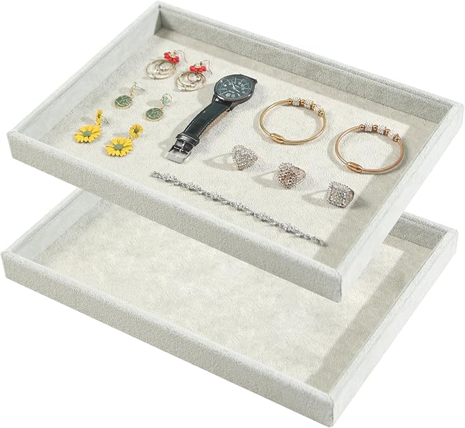 2pcs/Set Velvet Jewelry Tray, Grids Large Storage Tray for Bracelet Bangle Beads Display, Jewellery Organizer Box Tray for Home Drawer or Shop Store Selling Show (Grey Velvet)