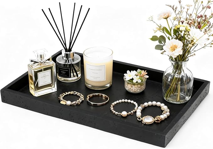 Artificial Travertine Tray, 12"x8" Perfume Tray for Bathroom Counter, Vanity, Home Organizer, Decorative Marble Trays for Perfume, Jewelry, Candles, Coffee, Rectangle, Black