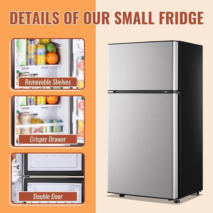 2.4 Cu.ft Mini Fridge with Double Doors Silver Small Refrigerator with Separate Freezer & 7 Adjustable Temperature Control, Tiny Size & Personal Fridge Ideal for Office Apartment Dorm