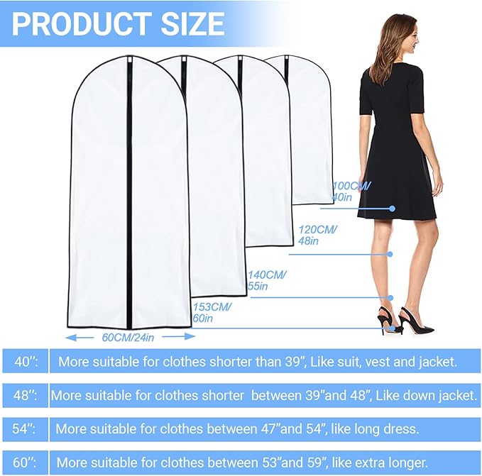 Garment Bag Covers (24''X55'' Set of 12) Lightweight White PEVA Breathable Bags with Study Full Zipper for Coat Protector Travel Laundry Wardrobe Closet