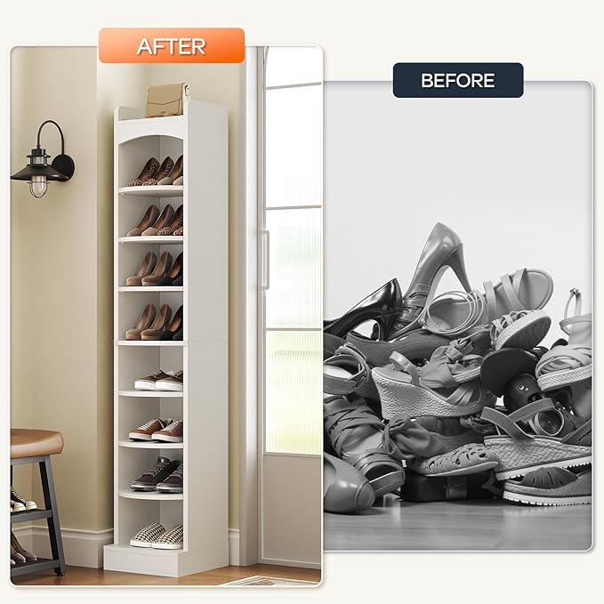 9-Tier Tall Shoe Rack, Wooden Shoe Storage Organizer, Narrow Shoe Cabinet with Removable Shelves for Small Spaces, Holds 18 Pairs of Shoes, for Entrance, Hallway, White SS02WT