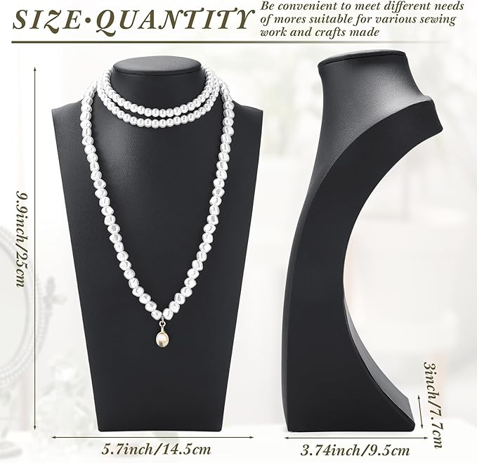Kigley 3 Pcs Black PU Leather Jewelry Bust Display Necklace Display Stand Necklace Mannequin Holder for Jewelry Displays (9.8 x 3.0 x 5.7 Inches)