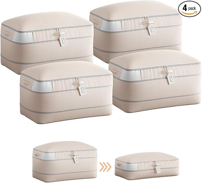 Compression Storage Bags for Comforters - 4 Pack Long Large 100L Compression Bags, 3-Layer Washable Ultra Space Saving Self Comforter Storage Bag for Blankets, Sheets, Clothes, Beige