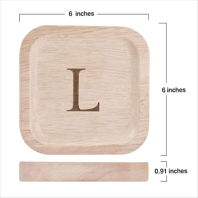 I'm Wooden Personalized Letter Catchall Valet Tray Trinket Dish Jewelry Tray Key Bowl Decorative Plate Organizing Ring Earrings Necklaces Bracelet Watch Coins Wallet Holder (6"x6" Sq Natural L)