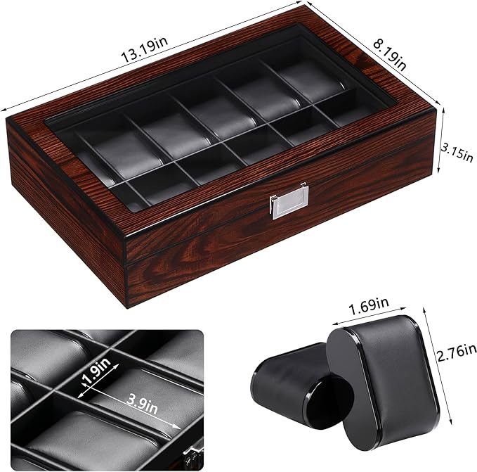 BEWISHOME Watch Case, 12-Slot Watch Box with Large Glass Lid, Wooden Watch Box Organizer for Men, Watch Storage with Removable Watch Pillows, Synthetic Leather Interior, Brown SSH12Y
