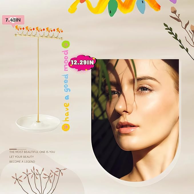 Necklace Holder Stand Organizer with Tray - Gold Jewelry Organizer with 16 Hooks Necklace Tree, Small Necklace Hanger & Ring Holder, Multifunctional Storage Earrings, Lipstick, Watches