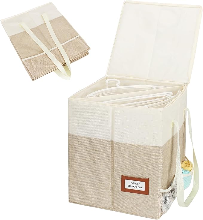 Clothes Hanger Organizer Bag with Lid,Rigid Hanger Storage Containers,Hanger Caddy Organizer Box with Handle and Label Window Keep Closet Laundry Rooms Tidy (Beige)