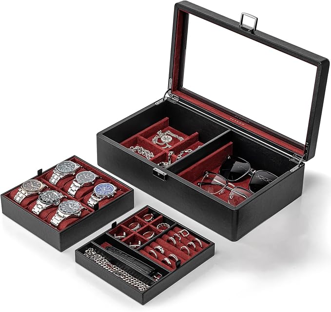Vlando 6-Slot Watch Box Organize, Lockable Watch Case with Textured Leather, 2 Layer Watch Holder for Rings, Bracelets, Glasses, Glass Lid, Removable Divider, Gift for Fathers, Husband, Friend, Red