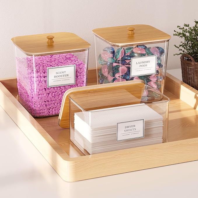 2 Pack Laundry Pods Container,Laundry Room Organization and Storage Containers with Wooden Lids & Labels Large Laundry Detergent Container for Powder,Scent Booster,Pods,Dryer Ball