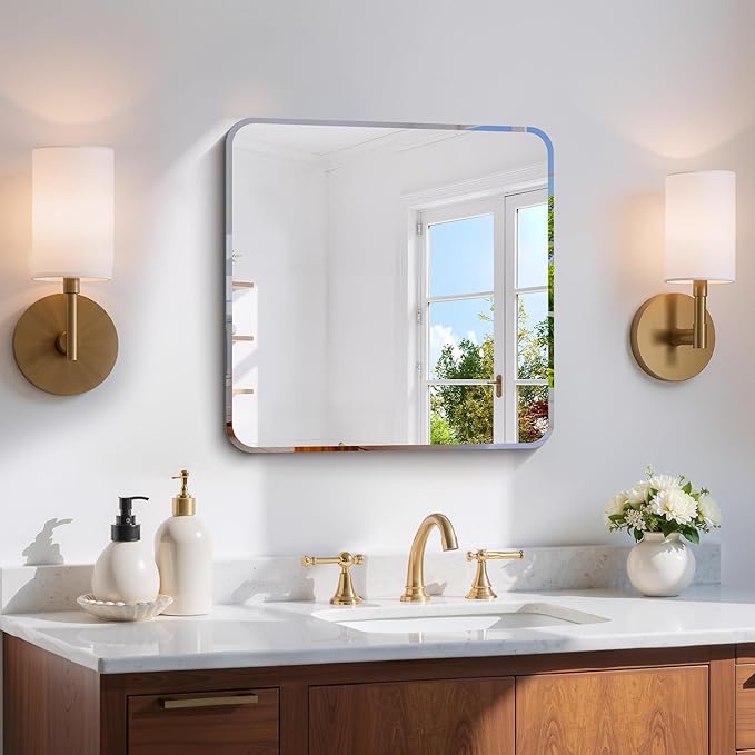 CILIBER Beveled Frameless Mirror, 18x18 Square Bathroom Mirror Rounded Corner, 18 inch Frameless Vanity Mirror, Shatterproof Lightweight Design Wall Mirror for Bedroom Living Room Entryway